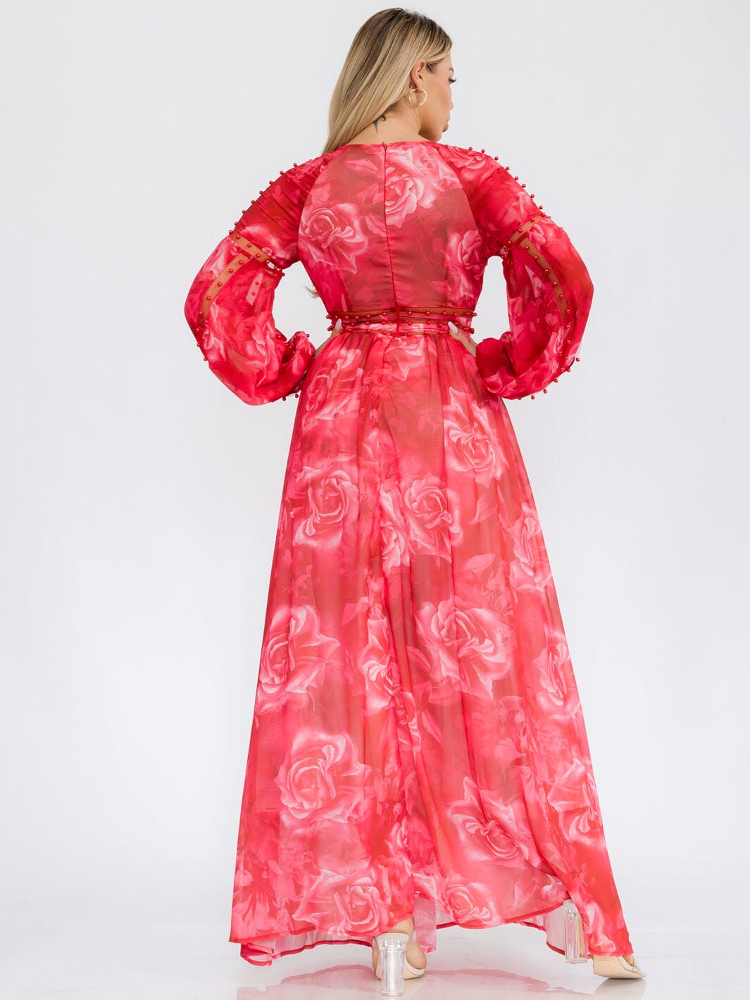 WOMEN'S LONG SLEEVE V-NECK MESH PEARL FLORAL PRINT MAXI DRESS