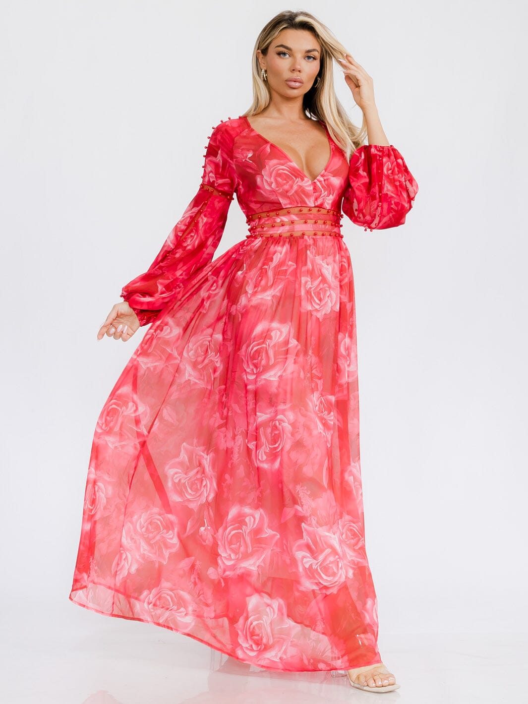WOMEN'S LONG SLEEVE V-NECK MESH PEARL FLORAL PRINT MAXI DRESS
