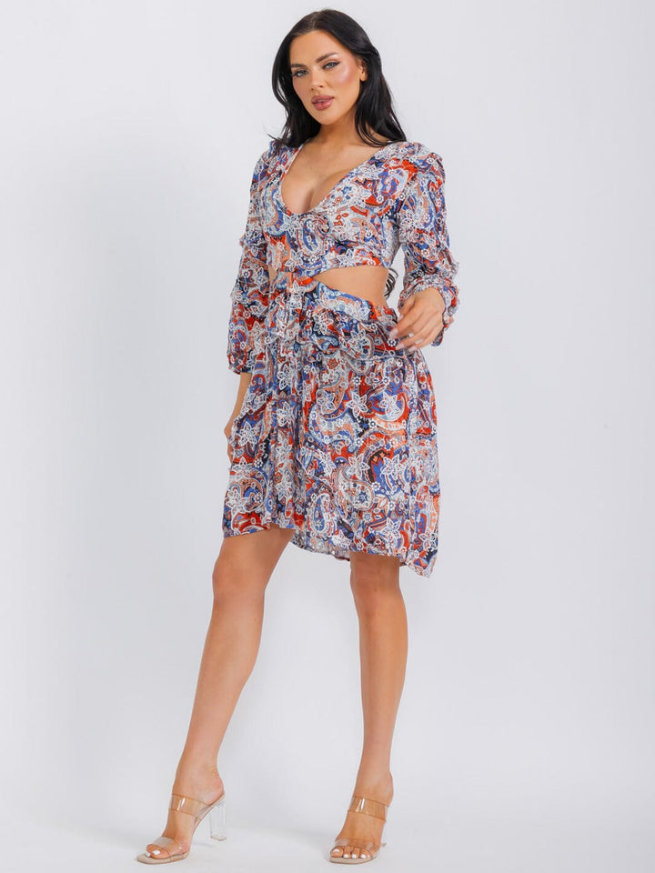 WOMEN'S LONG SLEEVE V-NECK OPEN BACK CUT OUT FLORAL MINI DRESS