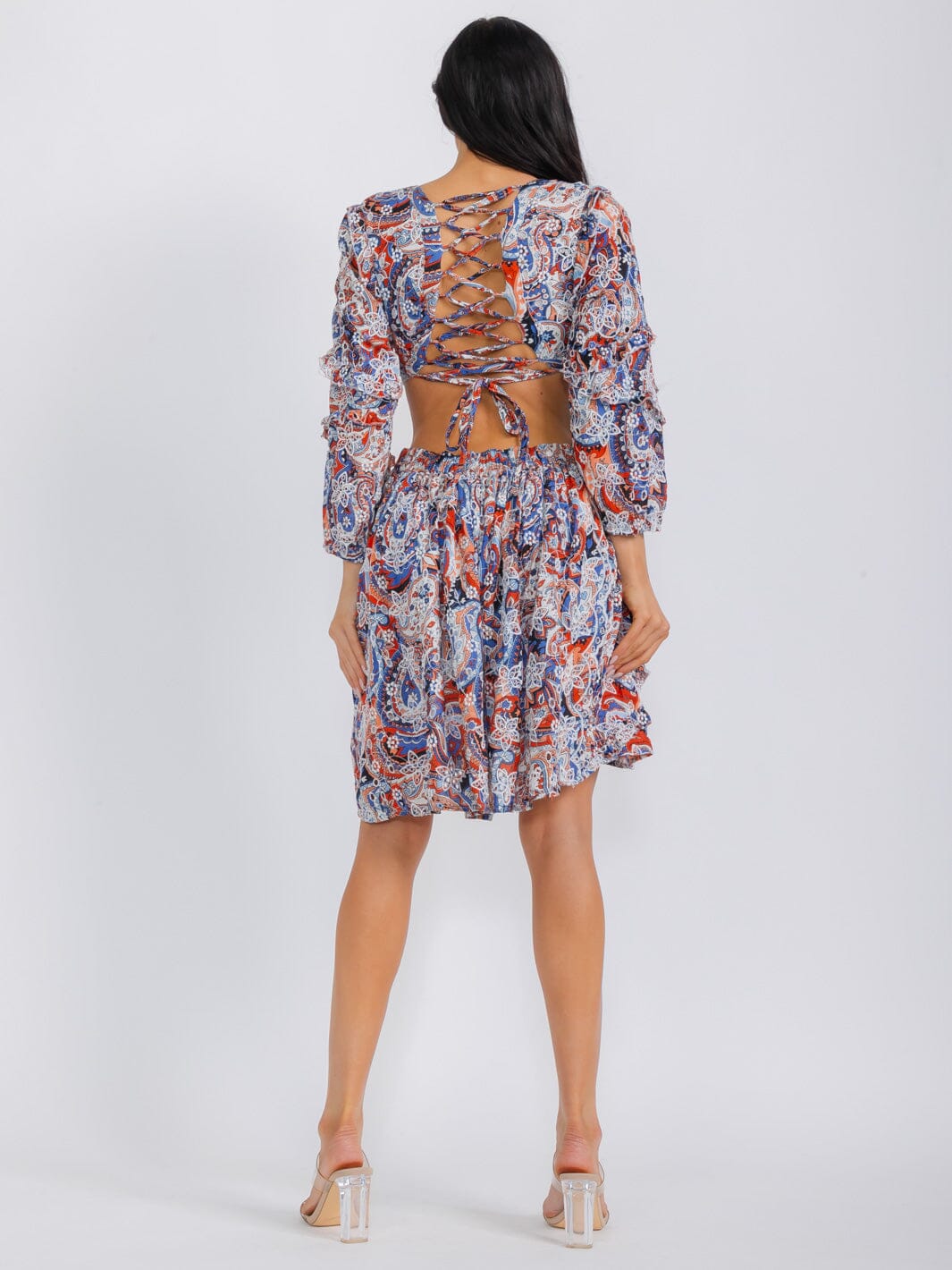 WOMEN'S LONG SLEEVE V-NECK OPEN BACK CUT OUT FLORAL MINI DRESS