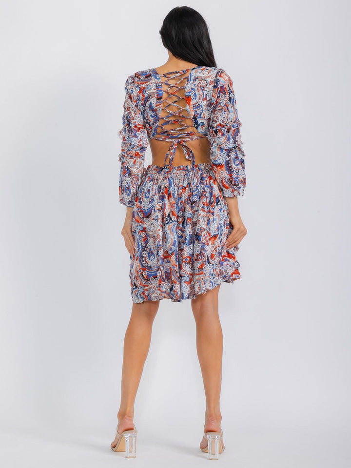 WOMEN'S LONG SLEEVE V-NECK OPEN BACK CUT OUT FLORAL MINI DRESS