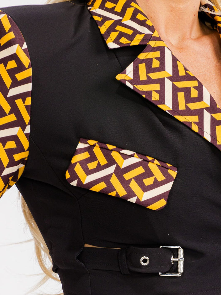 WOMEN'S LONG SLEEVE CROP BLAZER & MINI SKIRT COLORBLOCK PRINT 2 PC. SET