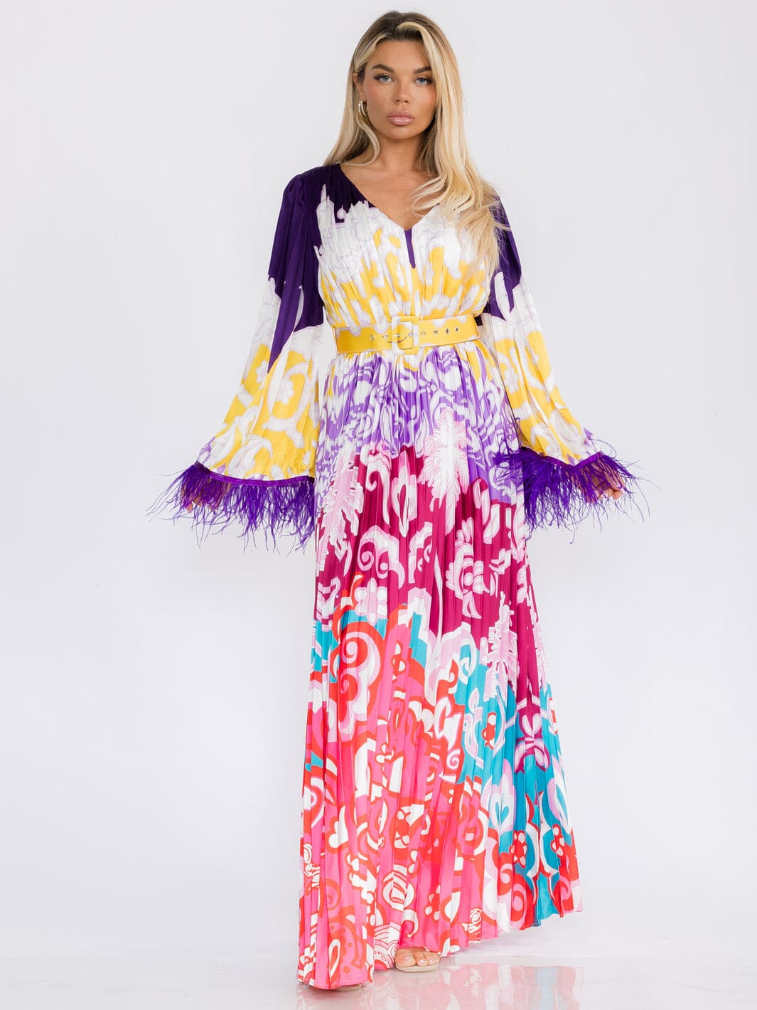 WOMEN'S LONG FEATHER SLEEVE V-NECK COLORBLOCK PLEATED MAXI DRESS