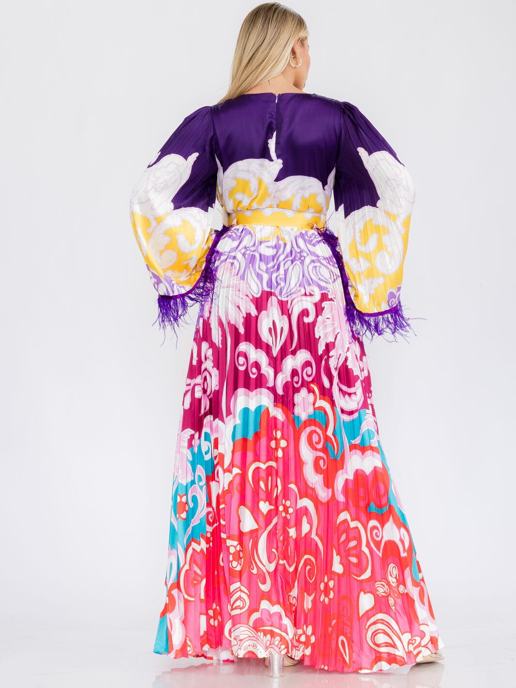 WOMEN'S LONG FEATHER SLEEVE V-NECK COLORBLOCK PLEATED MAXI DRESS