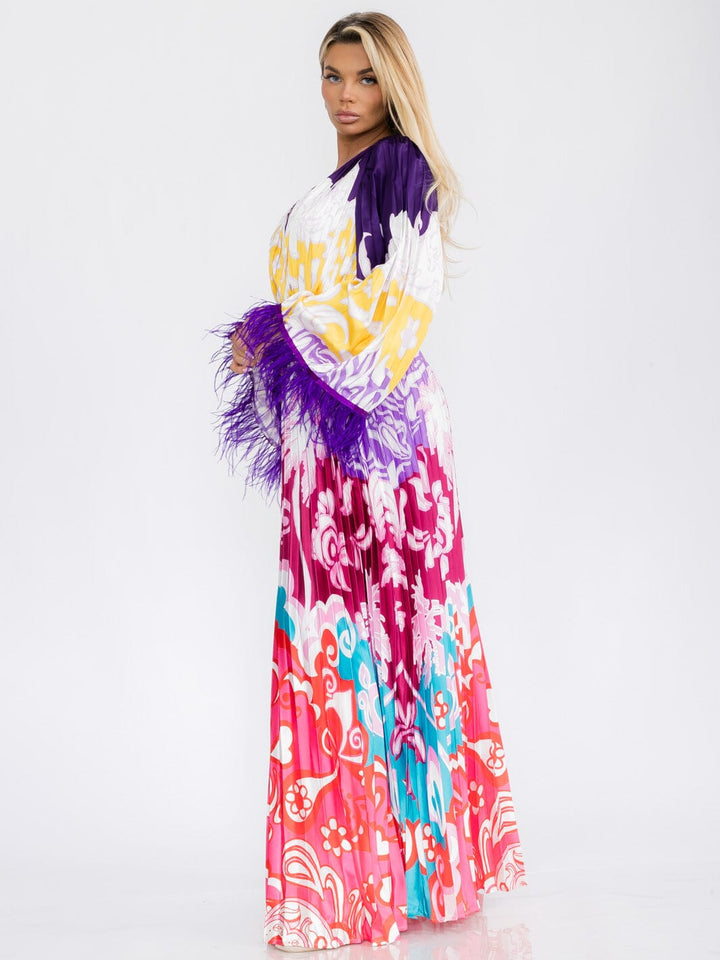 WOMEN'S LONG FEATHER SLEEVE V-NECK COLORBLOCK PLEATED MAXI DRESS