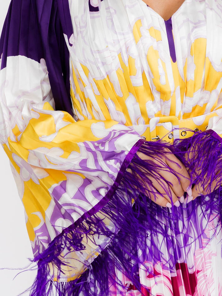 WOMEN'S LONG FEATHER SLEEVE V-NECK COLORBLOCK PLEATED MAXI DRESS