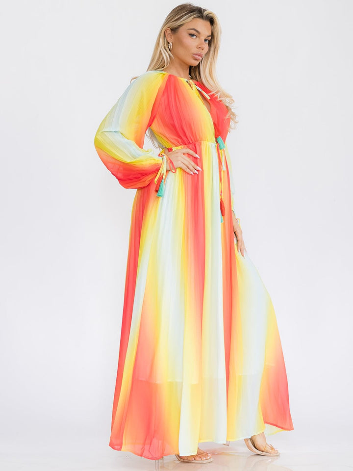 WOMEN'S LONG SLEEVE NECK TIE COLORBLOCK MAXI DRESS