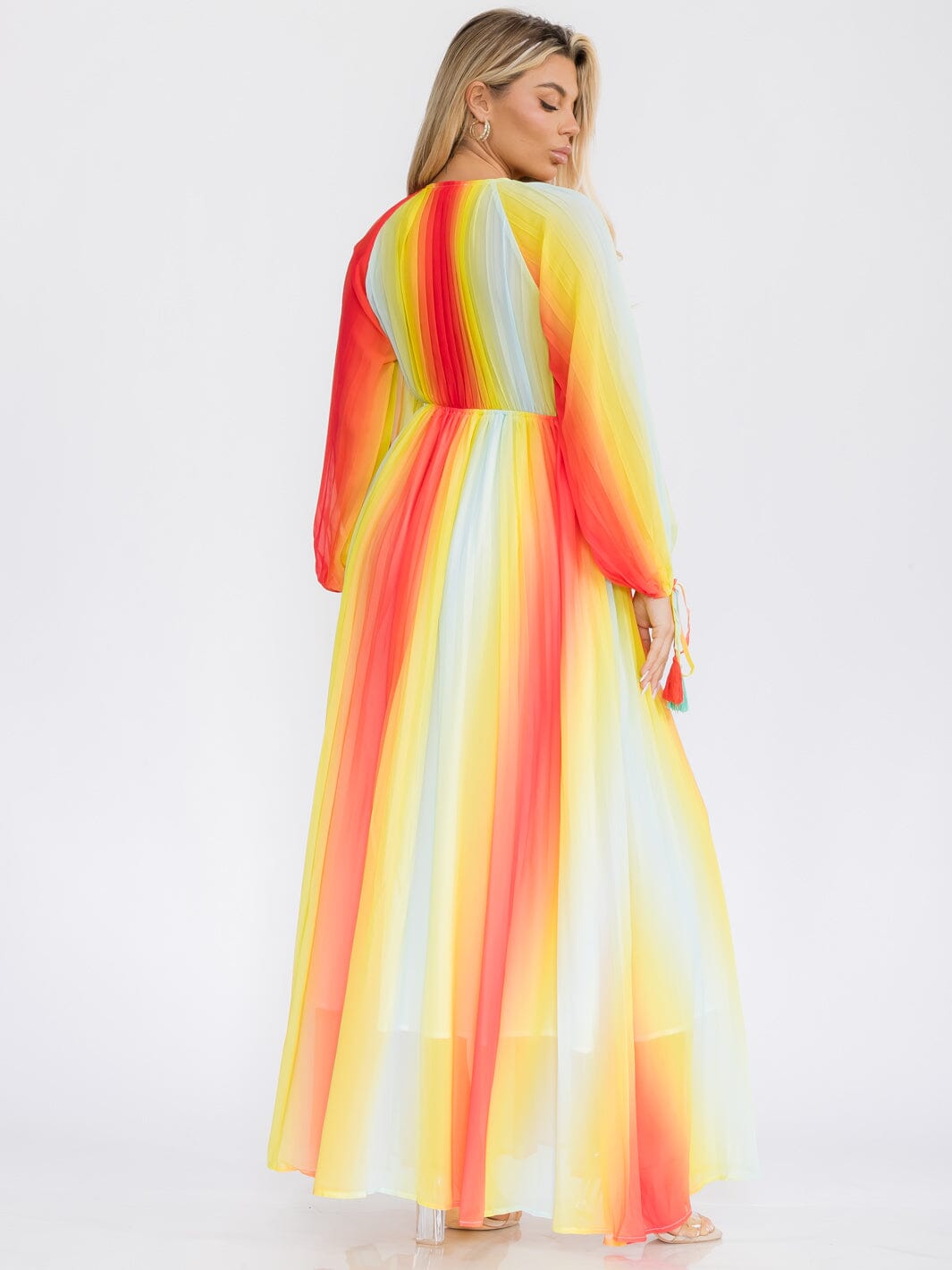 WOMEN'S LONG SLEEVE NECK TIE COLORBLOCK MAXI DRESS