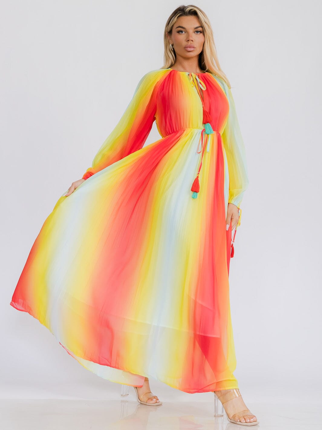 WOMEN'S LONG SLEEVE NECK TIE COLORBLOCK MAXI DRESS