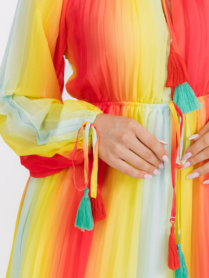 WOMEN'S LONG SLEEVE NECK TIE COLORBLOCK MAXI DRESS