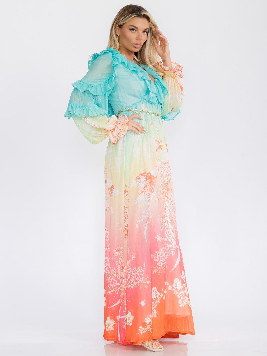 WOMEN'S LONG SLEEVE V-NECK COLORBLOCK SHIMMER PRINT MAXI DRESS