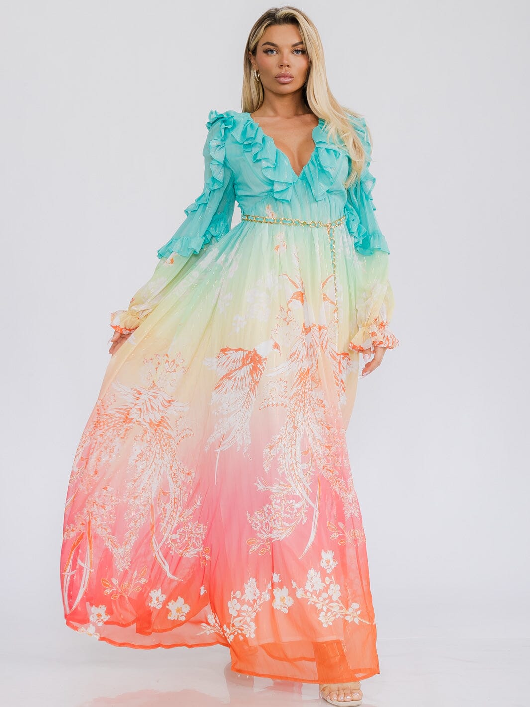 WOMEN'S LONG SLEEVE V-NECK COLORBLOCK SHIMMER PRINT MAXI DRESS