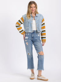 WOMEN'S LONG SLEEVE BUTTON CLOSURE FRONT POCKETS COLORBLOCK CONTRAST DENIM JACKET