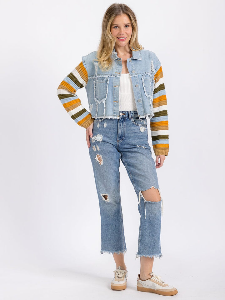 WOMEN'S LONG SLEEVE BUTTON CLOSURE FRONT POCKETS COLORBLOCK CONTRAST DENIM JACKET