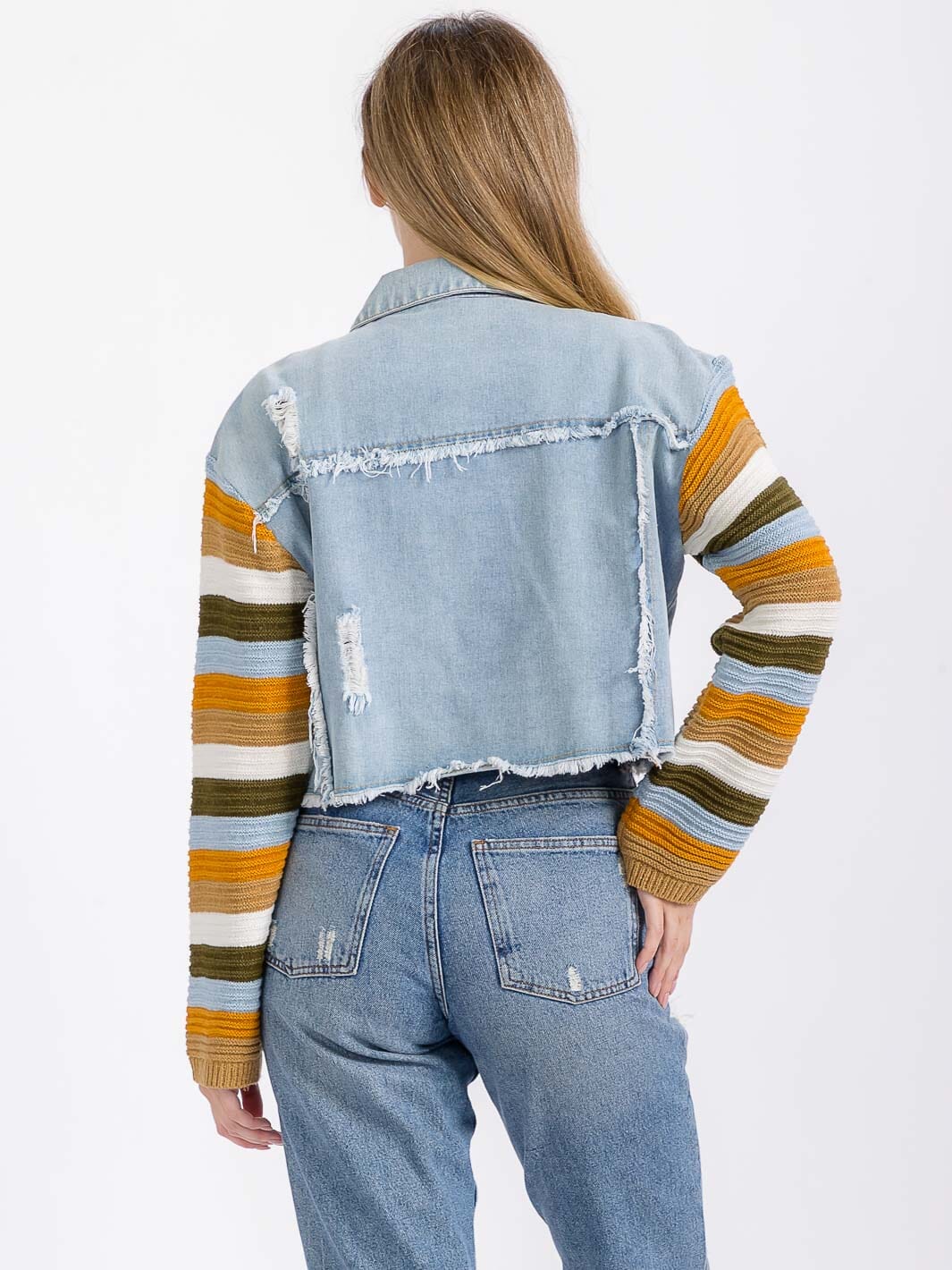 WOMEN'S LONG SLEEVE BUTTON CLOSURE FRONT POCKETS COLORBLOCK CONTRAST DENIM JACKET