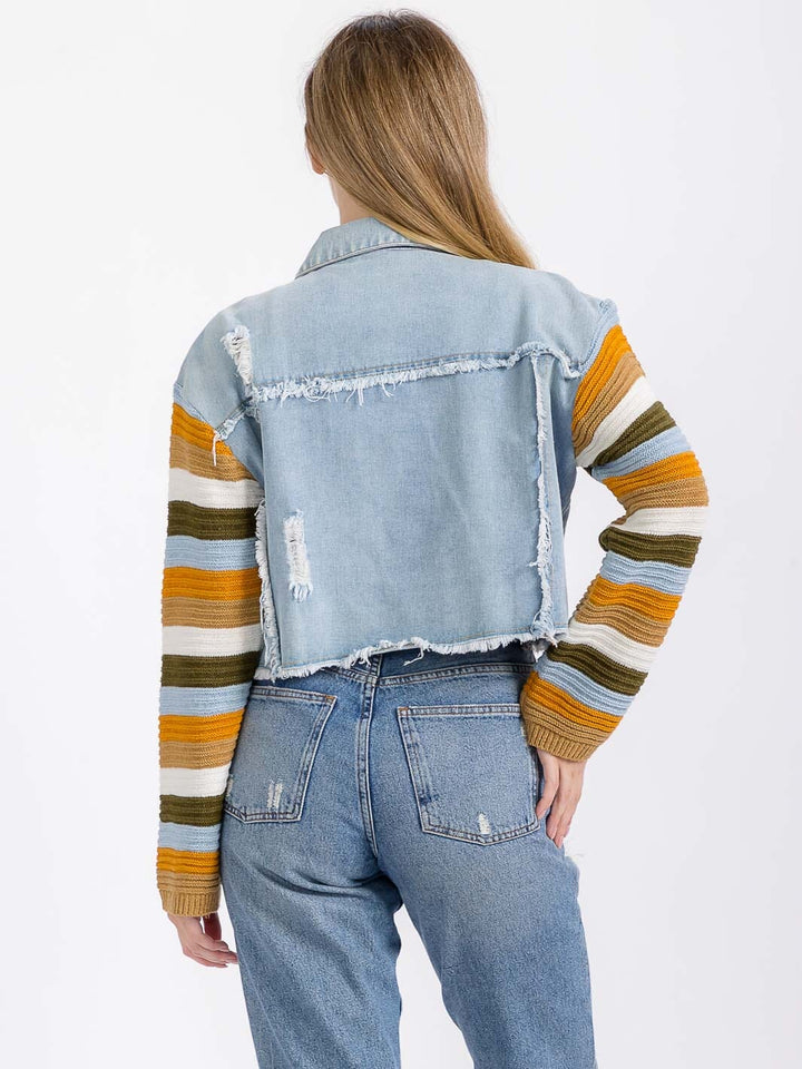 WOMEN'S LONG SLEEVE BUTTON CLOSURE FRONT POCKETS COLORBLOCK CONTRAST DENIM JACKET