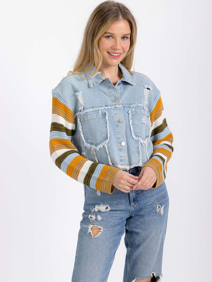 WOMEN'S LONG SLEEVE BUTTON CLOSURE FRONT POCKETS COLORBLOCK CONTRAST DENIM JACKET