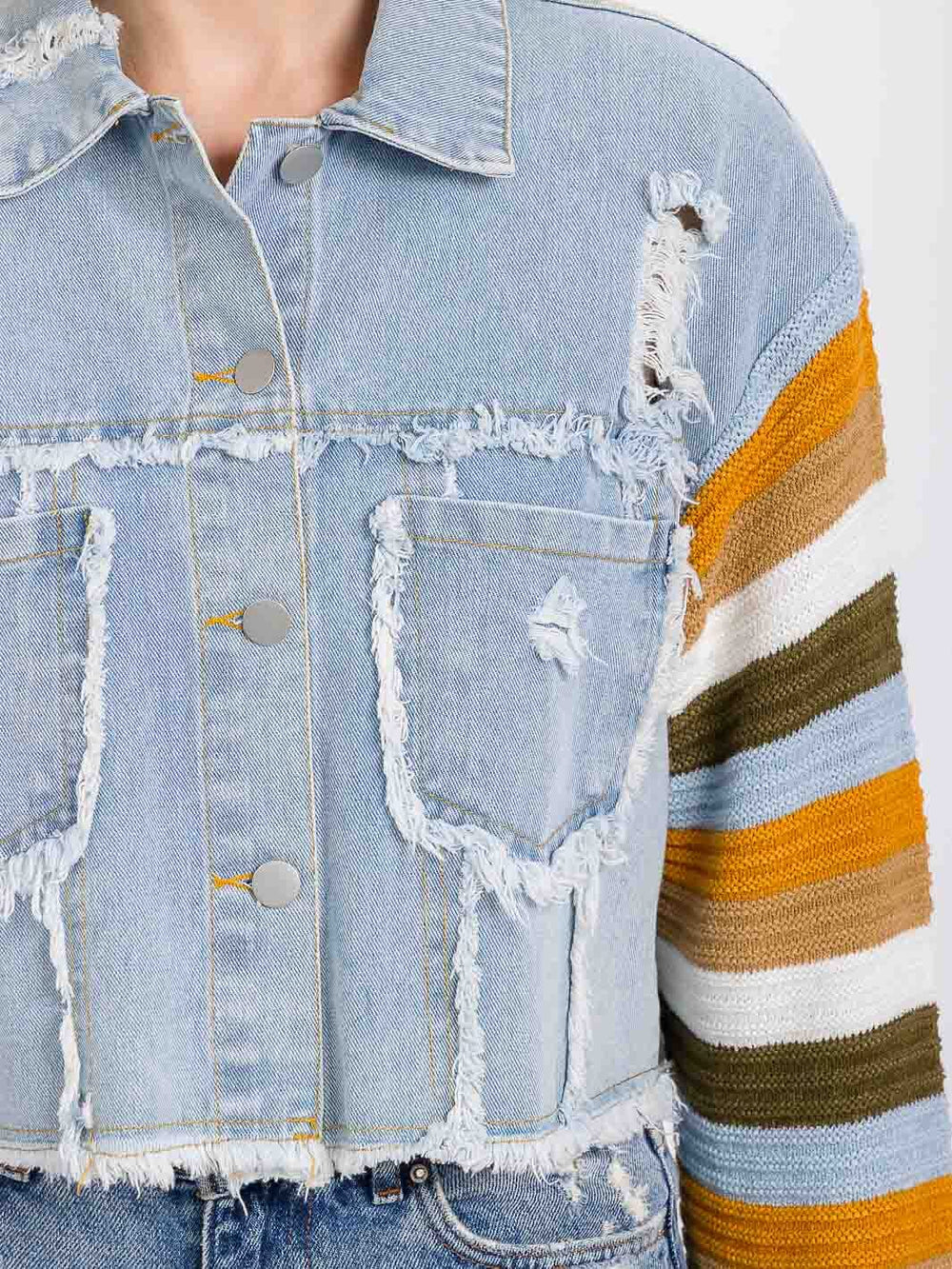 WOMEN'S LONG SLEEVE BUTTON CLOSURE FRONT POCKETS COLORBLOCK CONTRAST DENIM JACKET
