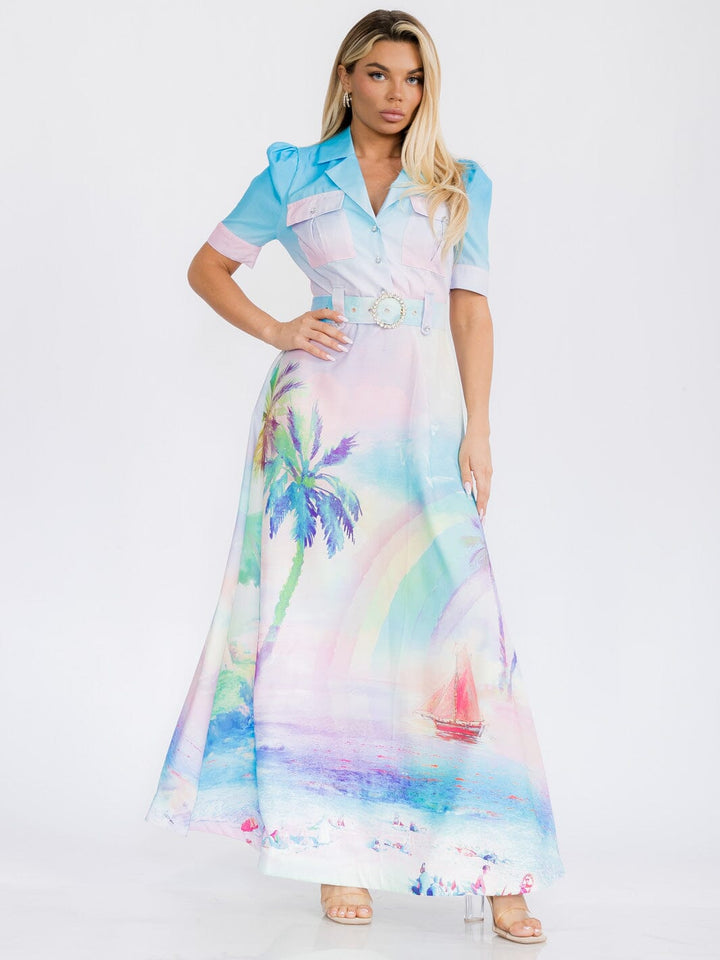 WOMEN'S SHORT SLEEVE BUTTON UP BELTED MULTI PRINT MAXI DRESS