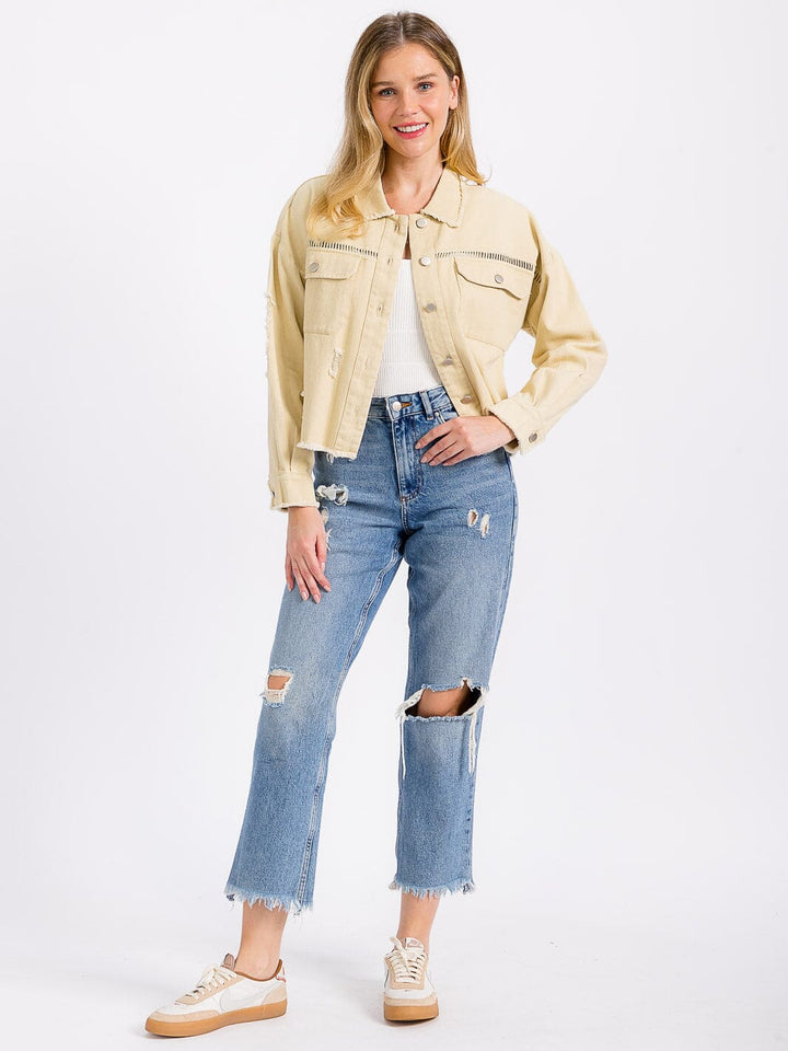 WOMEN'S LONG SLEEVE BUTTON CLOSURE POCKETS DISTRESS DENIM JACKET