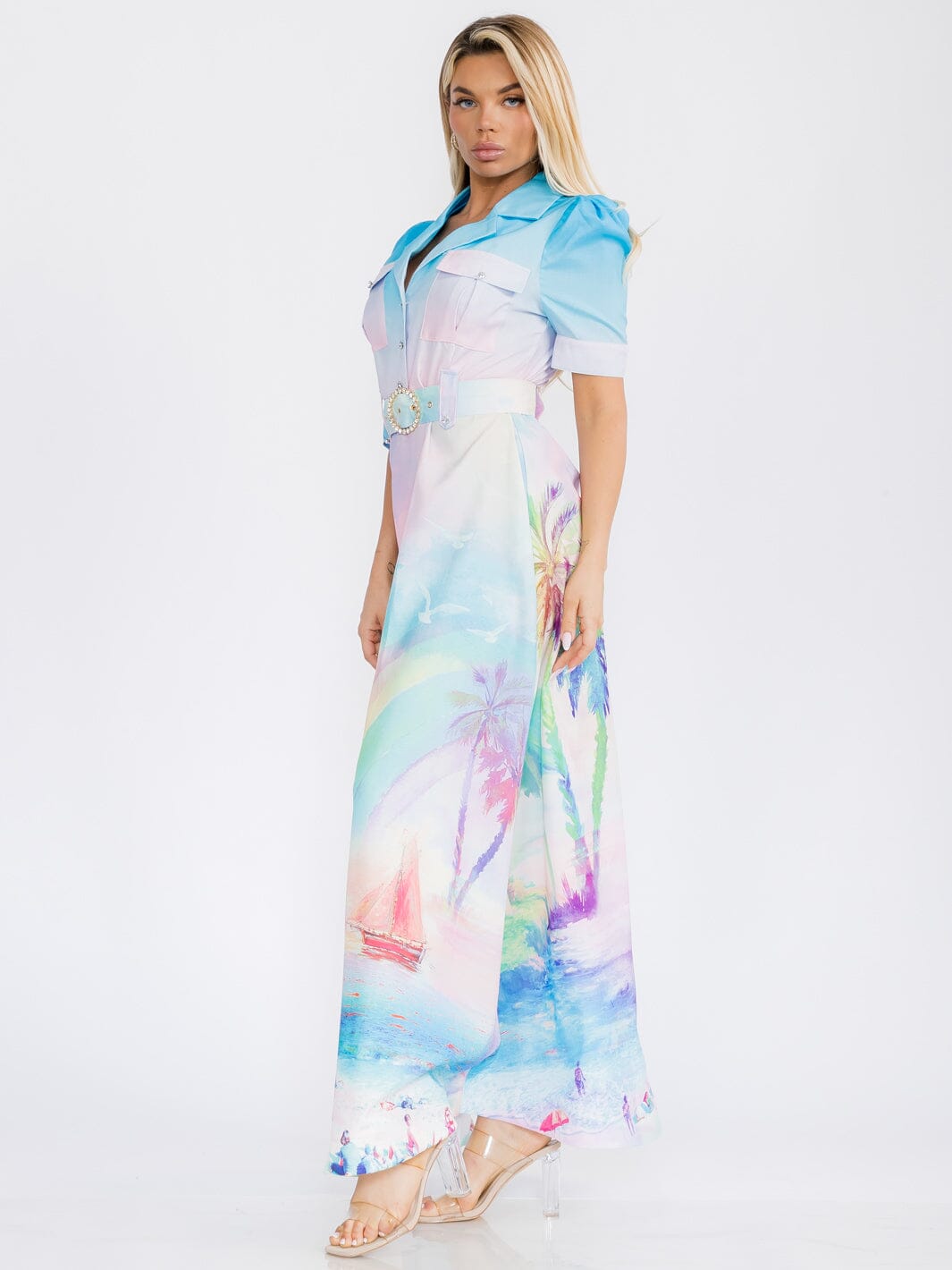 WOMEN'S SHORT SLEEVE BUTTON UP BELTED MULTI PRINT MAXI DRESS