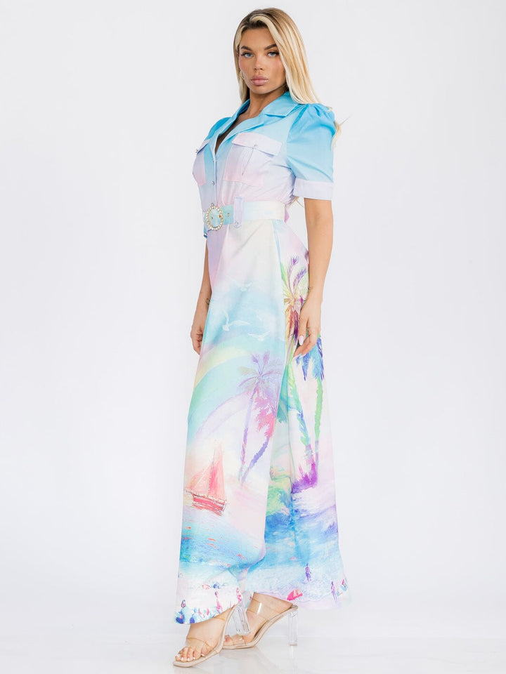 WOMEN'S SHORT SLEEVE BUTTON UP BELTED MULTI PRINT MAXI DRESS
