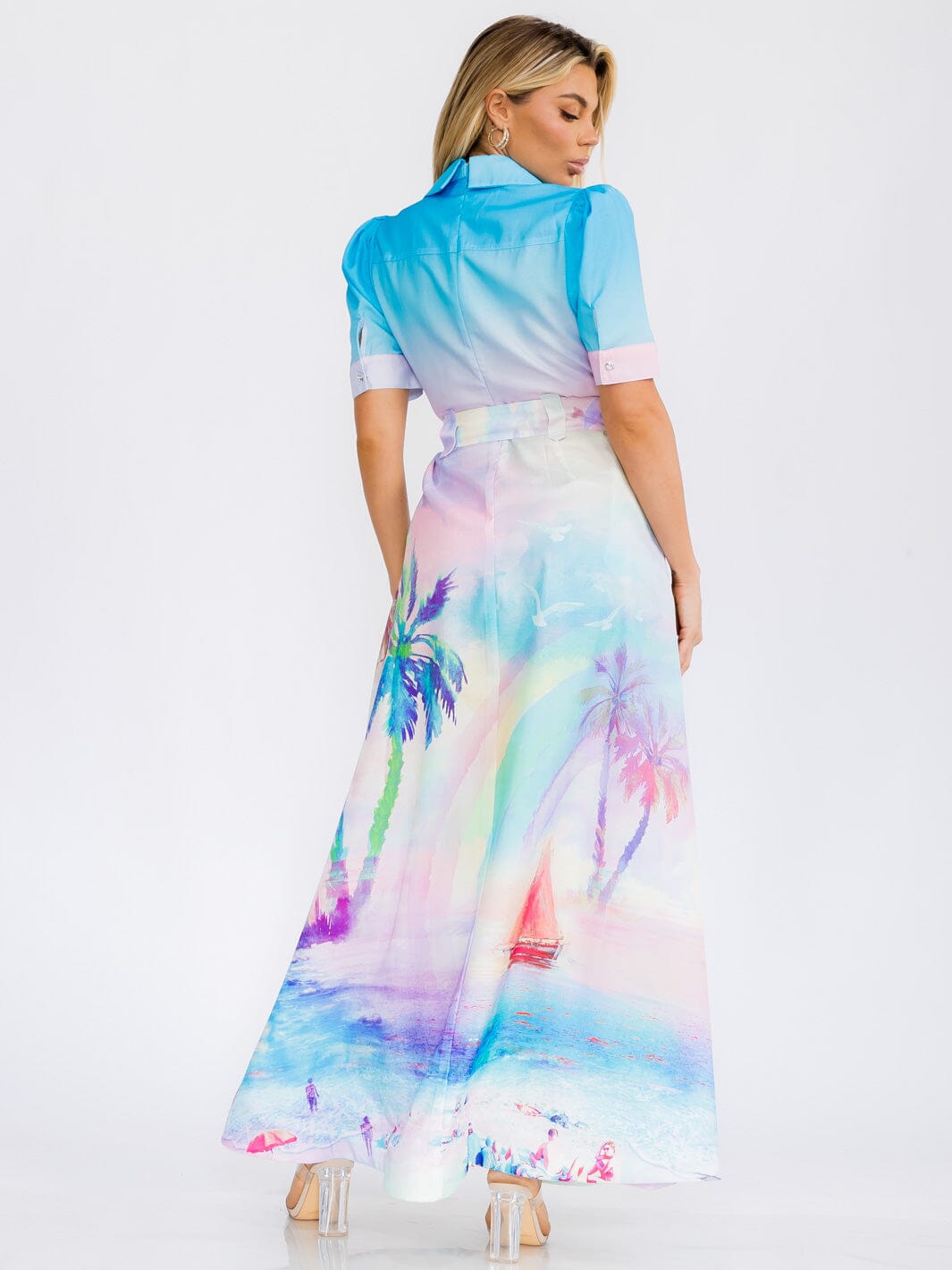 WOMEN'S SHORT SLEEVE BUTTON UP BELTED MULTI PRINT MAXI DRESS