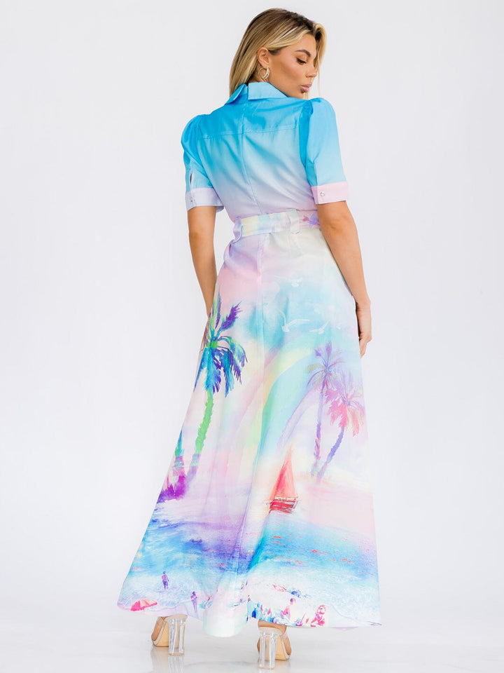 WOMEN'S SHORT SLEEVE BUTTON UP BELTED MULTI PRINT MAXI DRESS