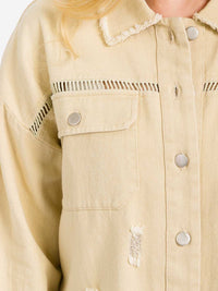 WOMEN'S LONG SLEEVE BUTTON CLOSURE POCKETS DISTRESS DENIM JACKET