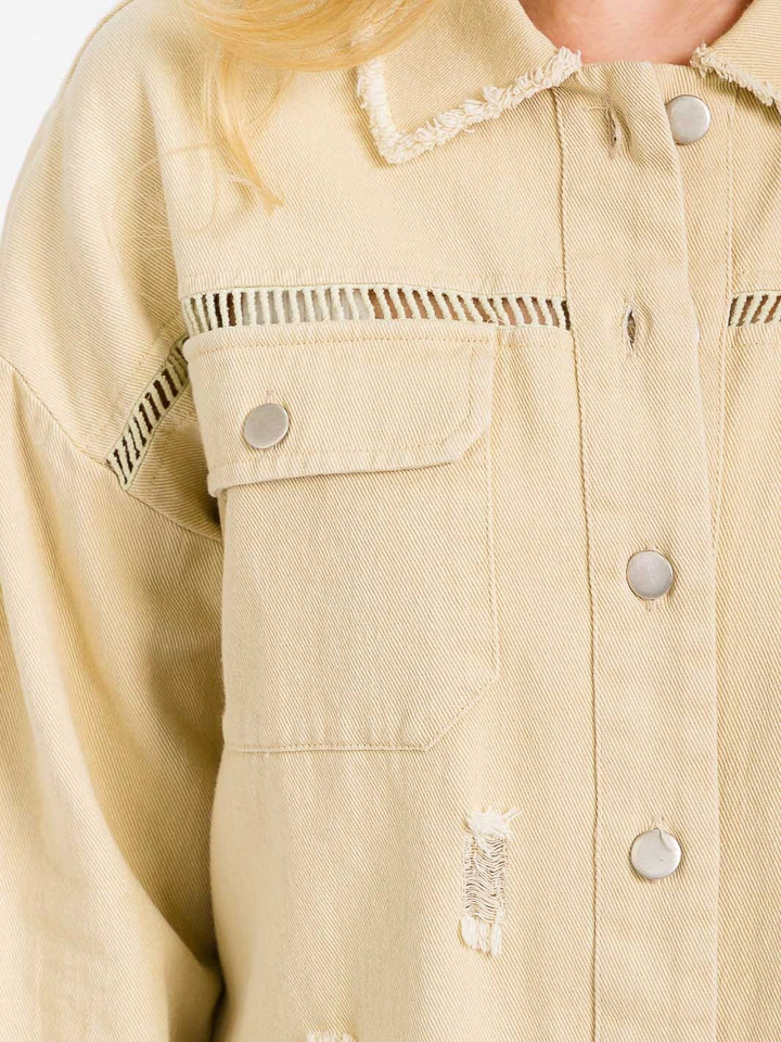 WOMEN'S LONG SLEEVE BUTTON CLOSURE POCKETS DISTRESS DENIM JACKET