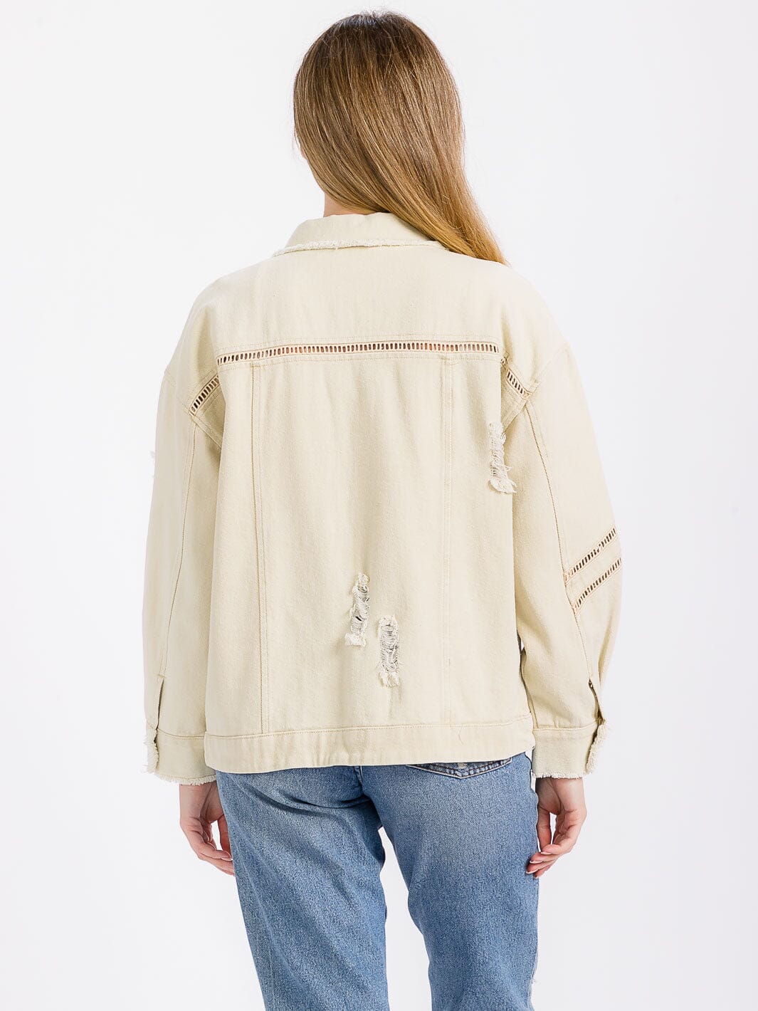 WOMEN'S LONG SLEEVE BUTTON CLOSURE POCKETS DISTRESS DENIM JACKET