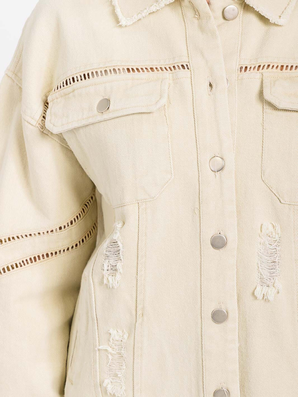 WOMEN'S LONG SLEEVE BUTTON CLOSURE POCKETS DISTRESS DENIM JACKET