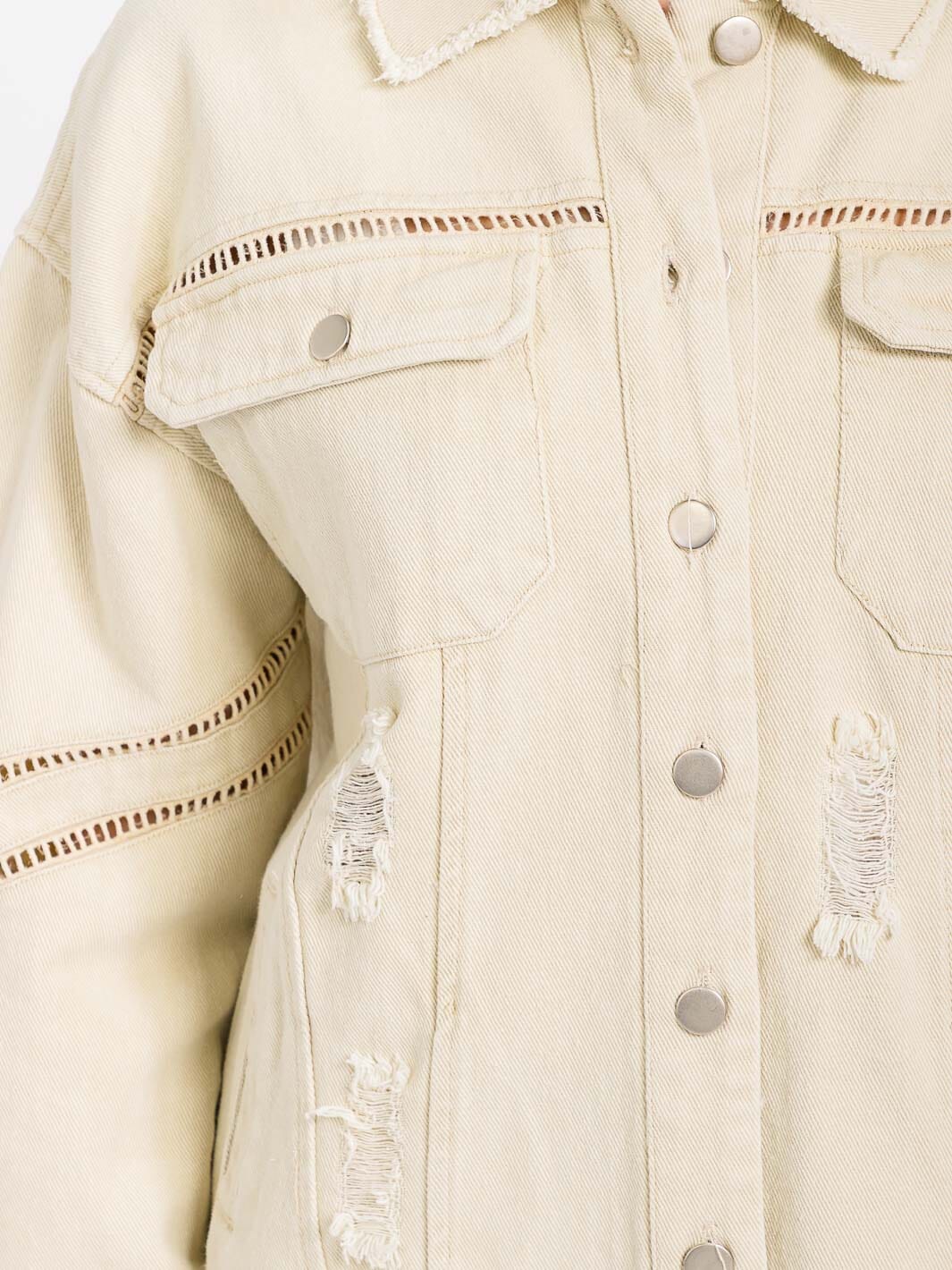 WOMEN'S LONG SLEEVE BUTTON CLOSURE POCKETS DISTRESS DENIM JACKET