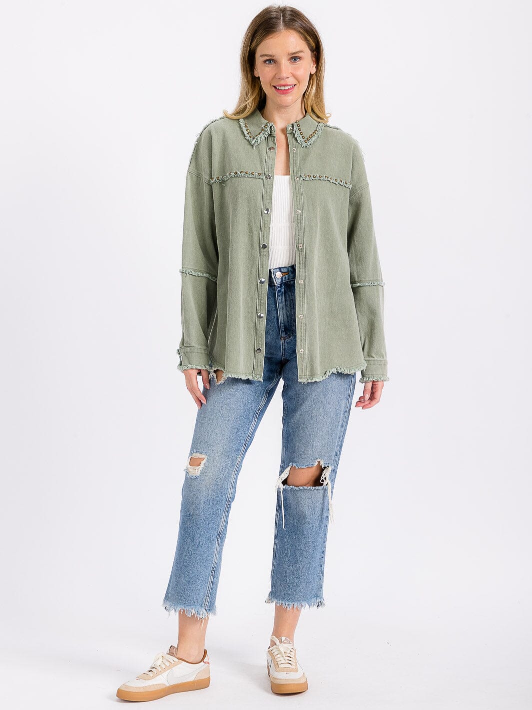 WOMEN'S LONG SLEEVE BUTTON CLOSURE STUD DETAILED JACKET