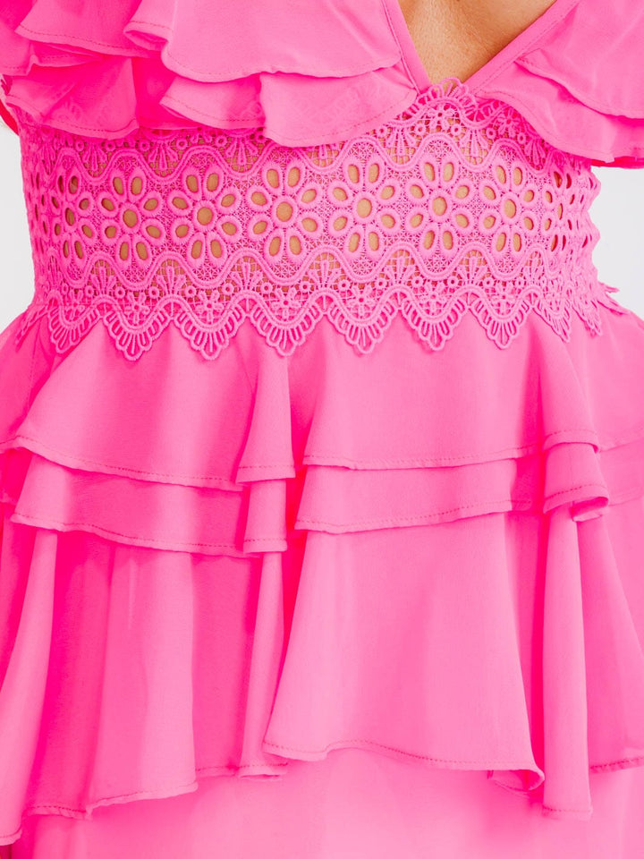 WOMEN'S SLEEVELESS V-NECK RUFFLE TIERED EYELET MAXI DRESS