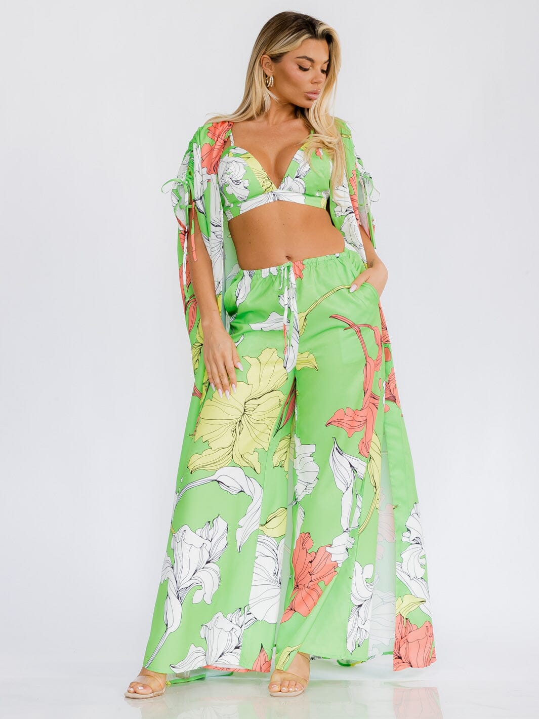 WOMEN'S CROP TOP WITH KIMONO & WIDE LEG PANTS FLORAL 3PC. SET