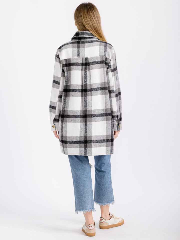 WOMEN'S LONG SLEEVE BUTTON CLOSURE FRONT POCKETS PLAID JACKET