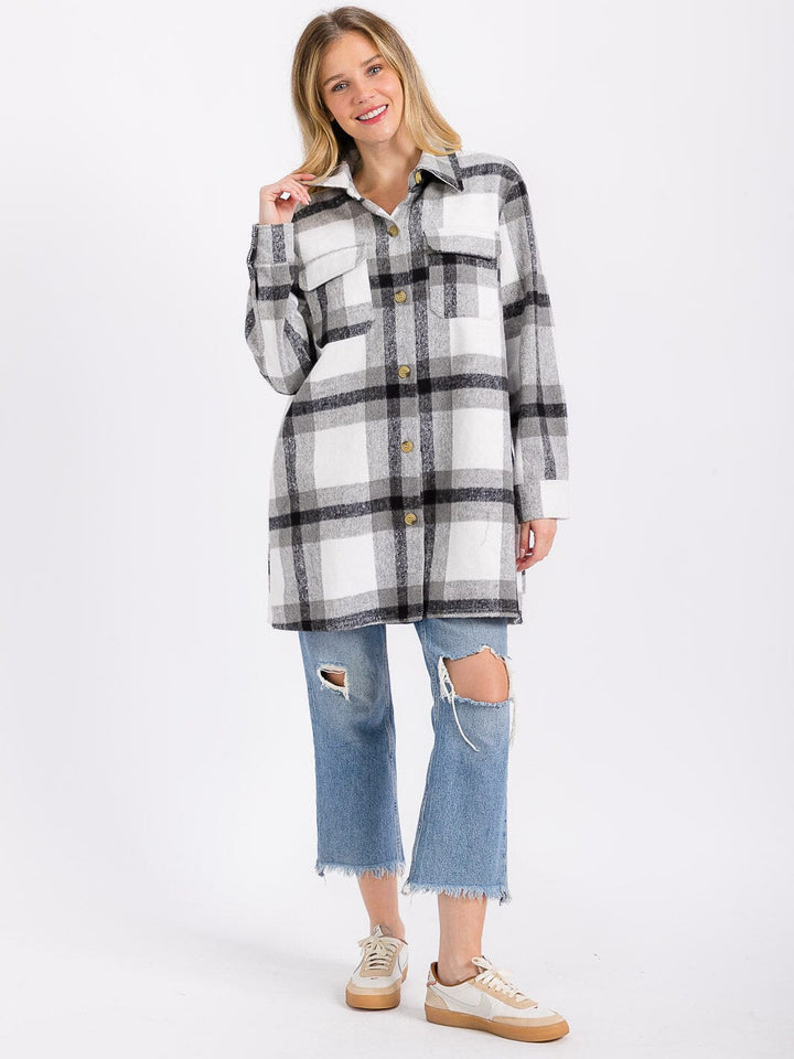 WOMEN'S LONG SLEEVE BUTTON CLOSURE FRONT POCKETS PLAID JACKET