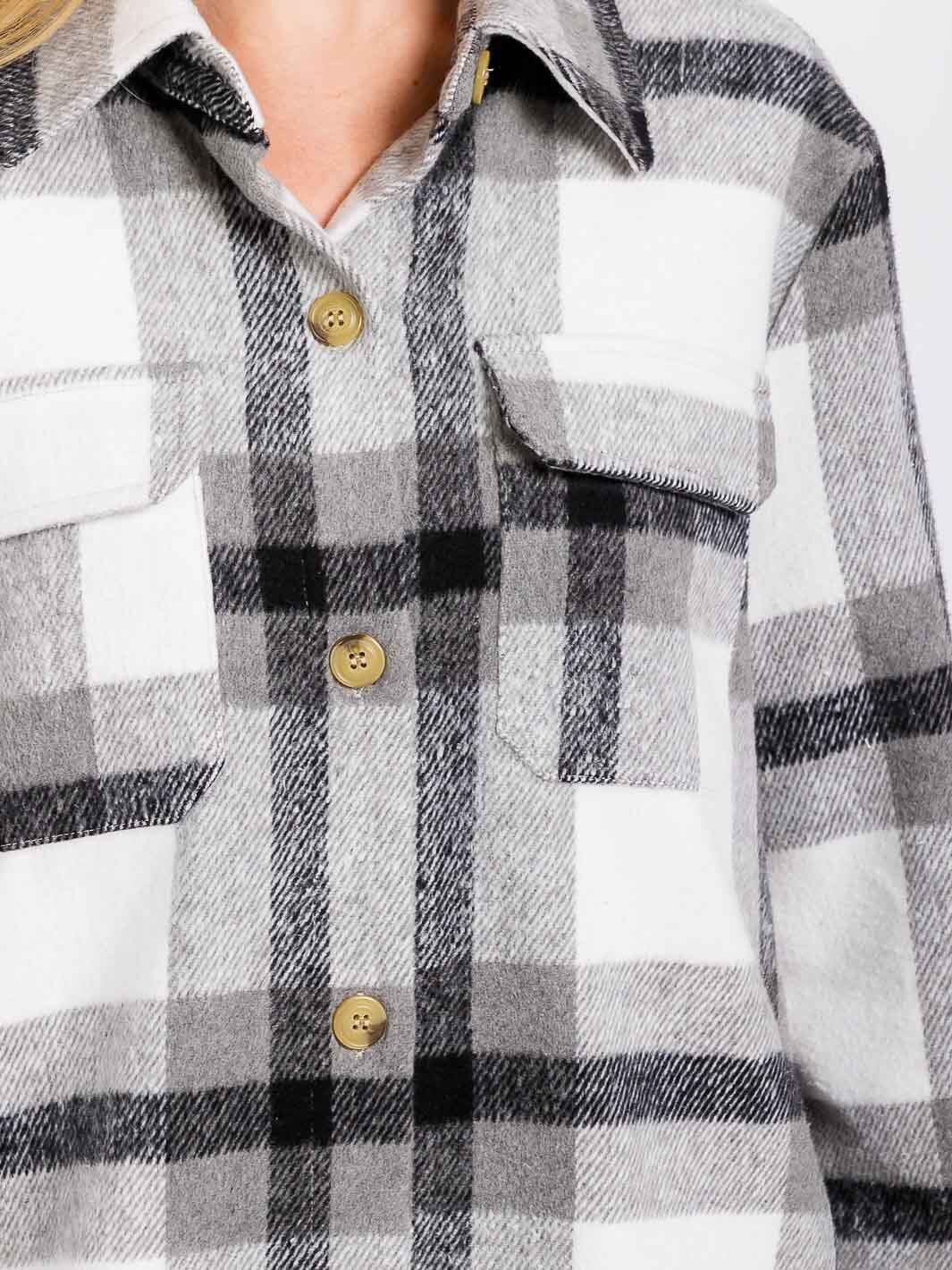 WOMEN'S LONG SLEEVE BUTTON CLOSURE FRONT POCKETS PLAID JACKET