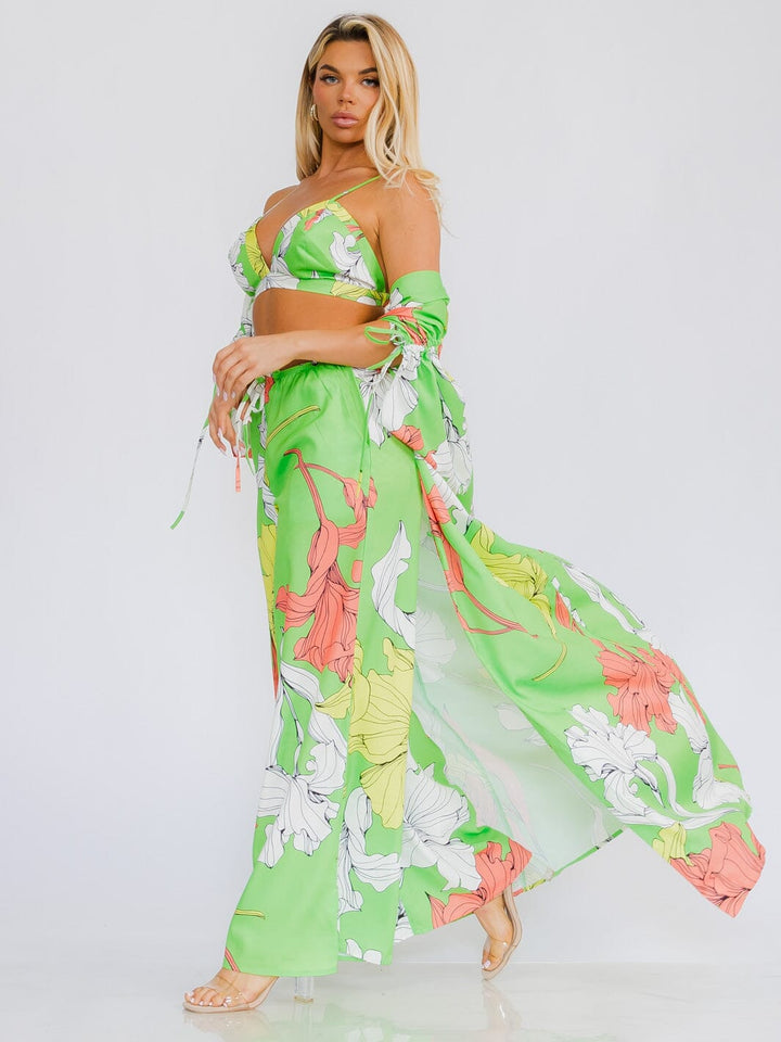 WOMEN'S CROP TOP WITH KIMONO & WIDE LEG PANTS FLORAL 3PC. SET