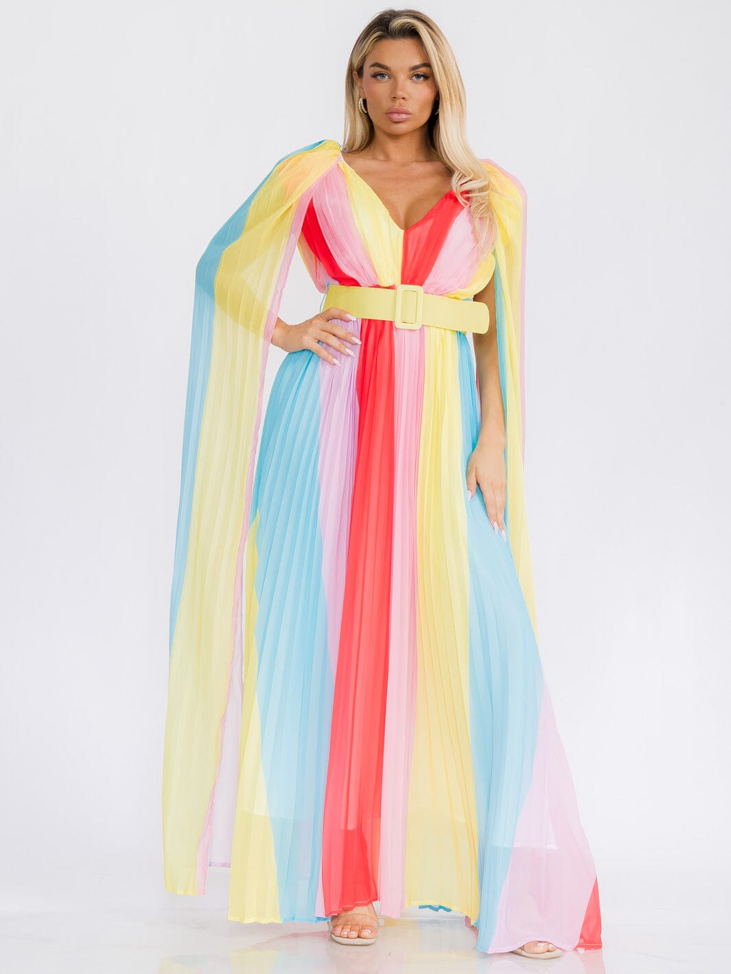 WOMEN'S SLEEVELESS V-NECK COLORBLOCK PLEATED MAXI DRESS