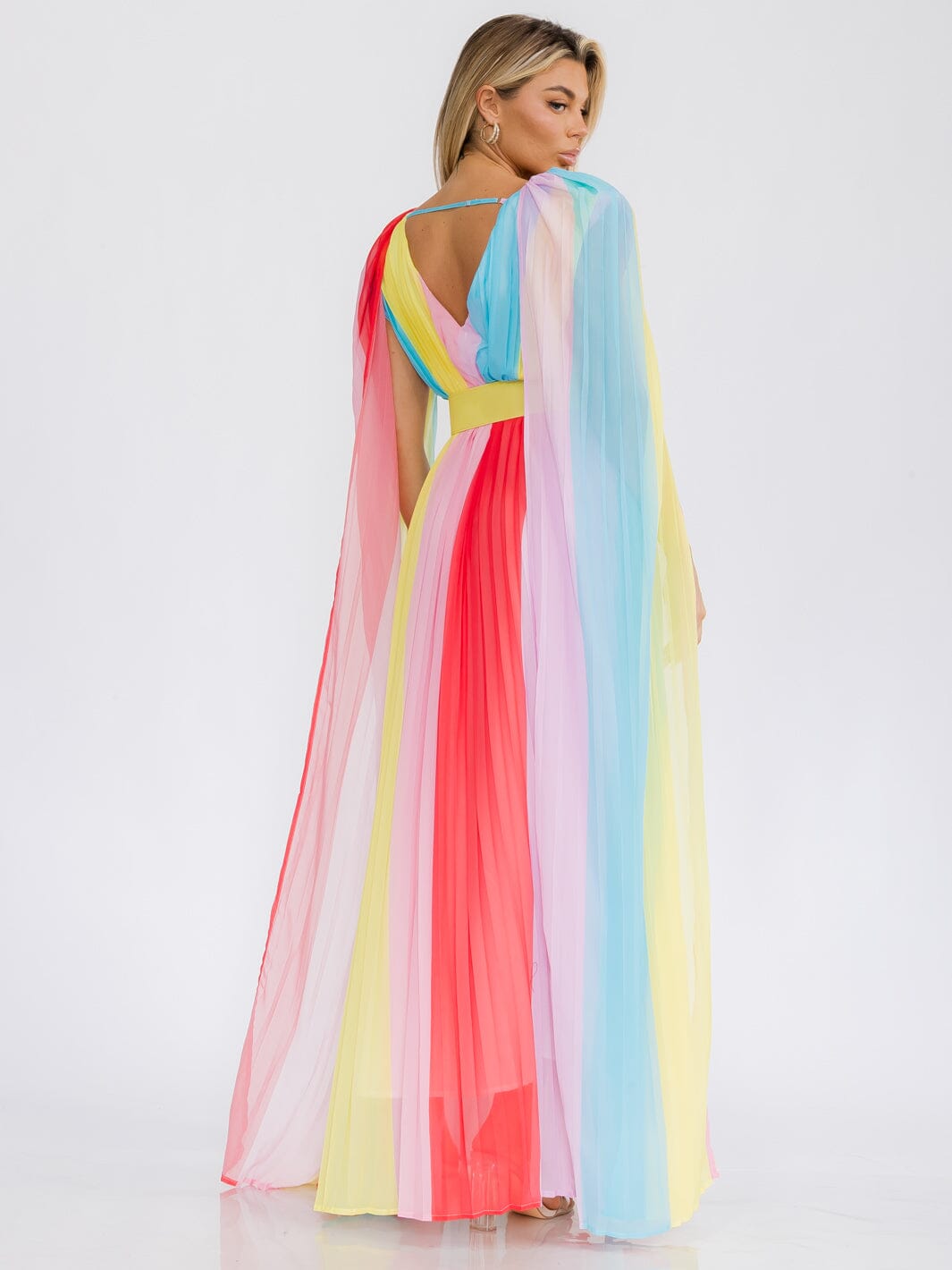 WOMEN'S SLEEVELESS V-NECK COLORBLOCK PLEATED MAXI DRESS