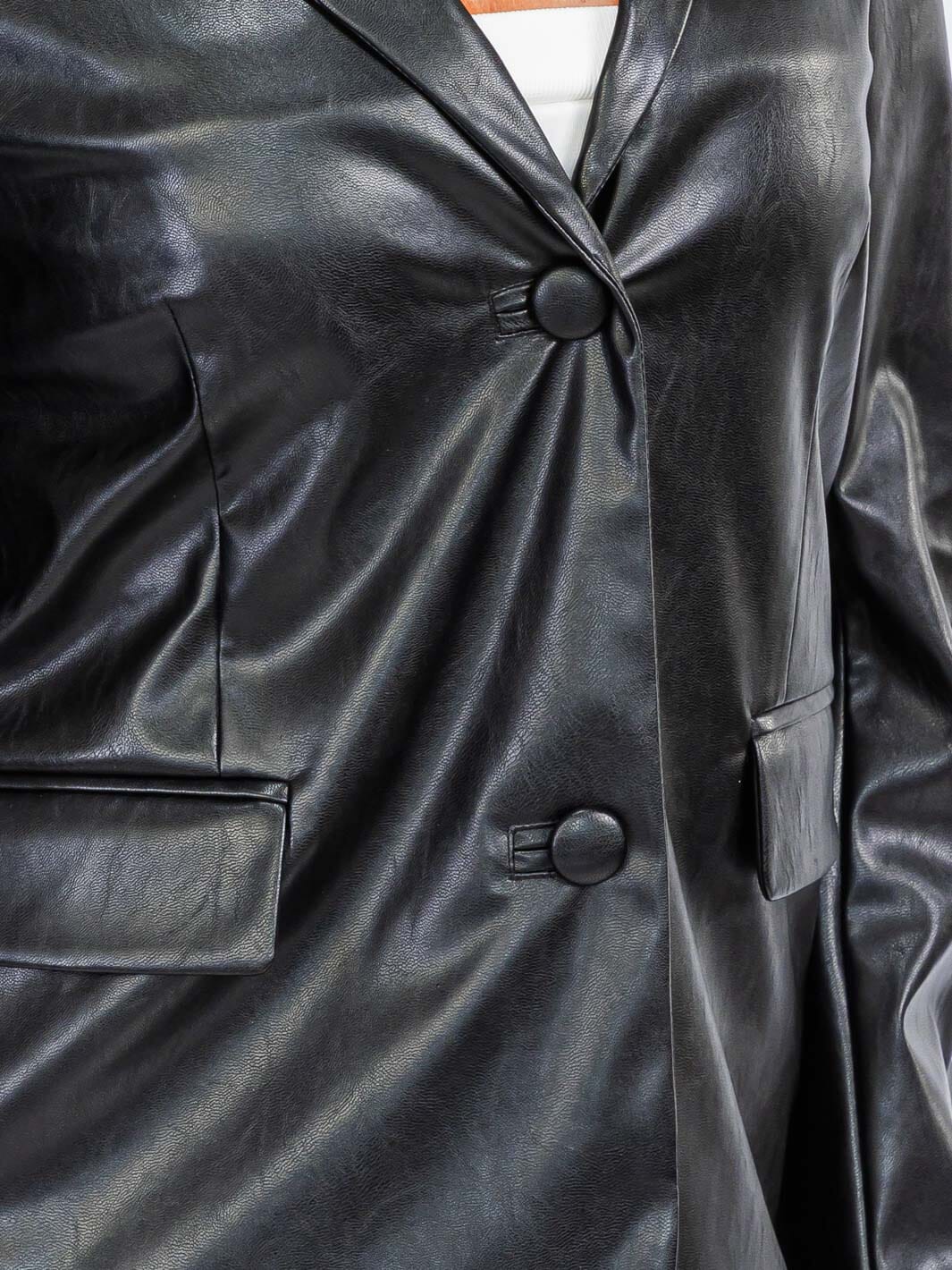 WOMEN'S LONG SLEEVE BUTTON CLOSURE POCKETS PU PLEATHER BLAZER