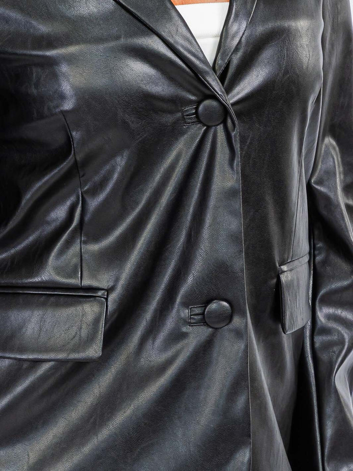 WOMEN'S LONG SLEEVE BUTTON CLOSURE POCKETS PU PLEATHER BLAZER