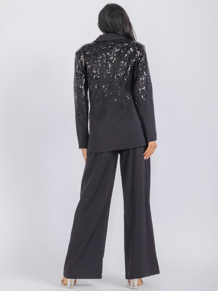 WOMEN'S LONG SLEEVE BLAZER & WIDE LEG PANTS SEQUINS 2PC. SET