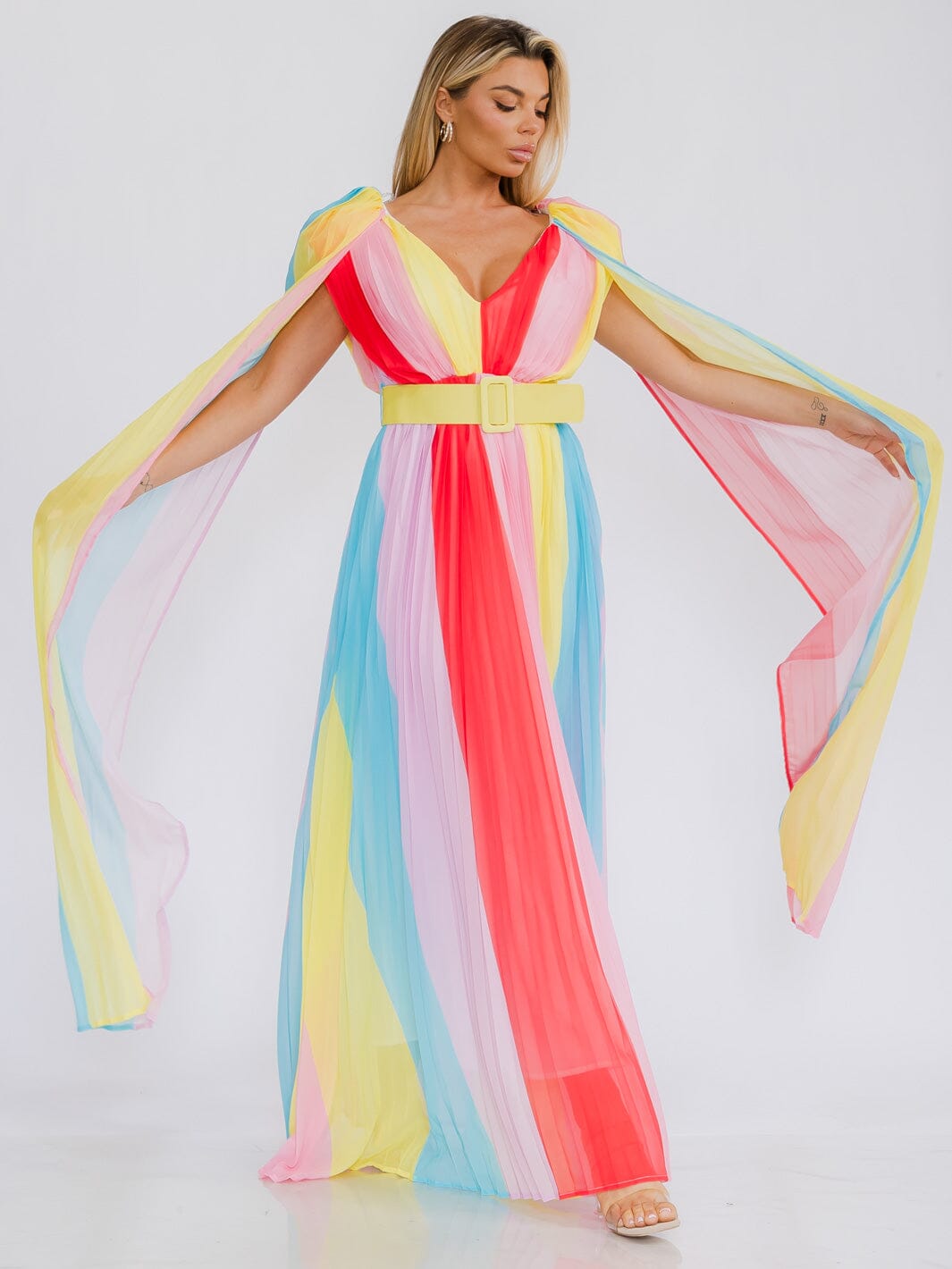 WOMEN'S SLEEVELESS V-NECK COLORBLOCK PLEATED MAXI DRESS