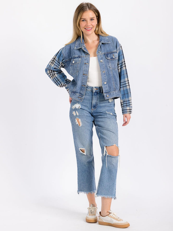 WOMEN'S LONG SLEEVE BUTTON CLOSURE FRONT POCKETS PLAID CONTRAST DENIM JACKET