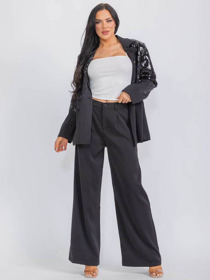 WOMEN'S LONG SLEEVE BLAZER & WIDE LEG PANTS SEQUINS 2PC. SET
