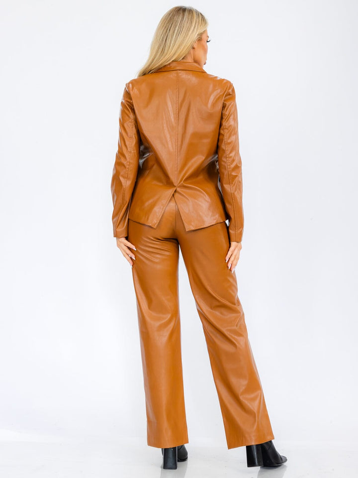 WOMEN'S LONG SLEEVE BUTTON CLOSURE POCKETS PU PLEATHER BLAZER