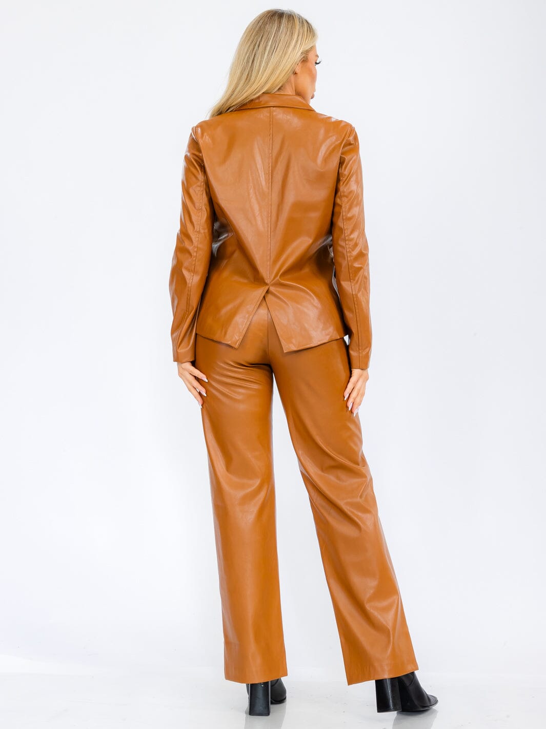 WOMEN'S BUTTON CLOSURE POCKETS WIDE LEG PU PLEATHER PANTS